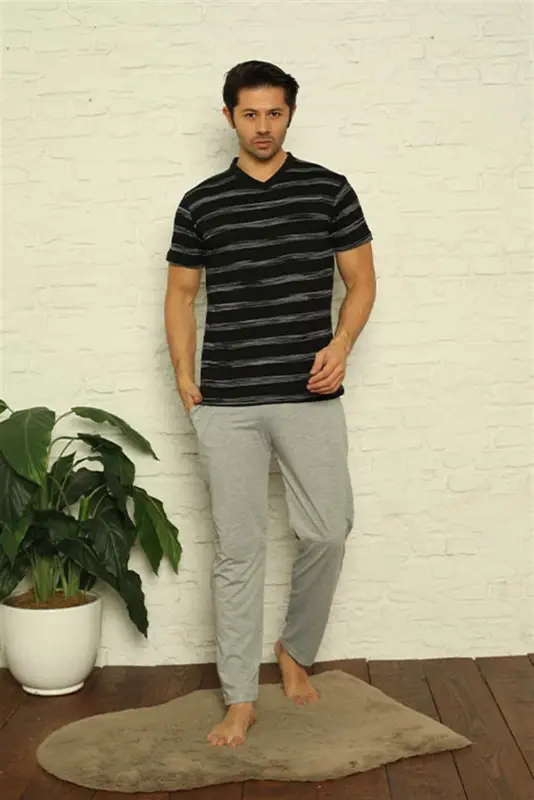 Akbeniz Men's Black V-Neck 3-Piece Pajama Set 6822 - 4