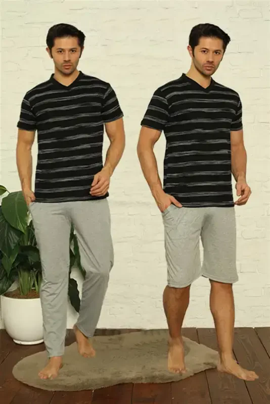 Akbeniz Men's Black V-Neck 3-Piece Pajama Set 6822 - AKBENIZ