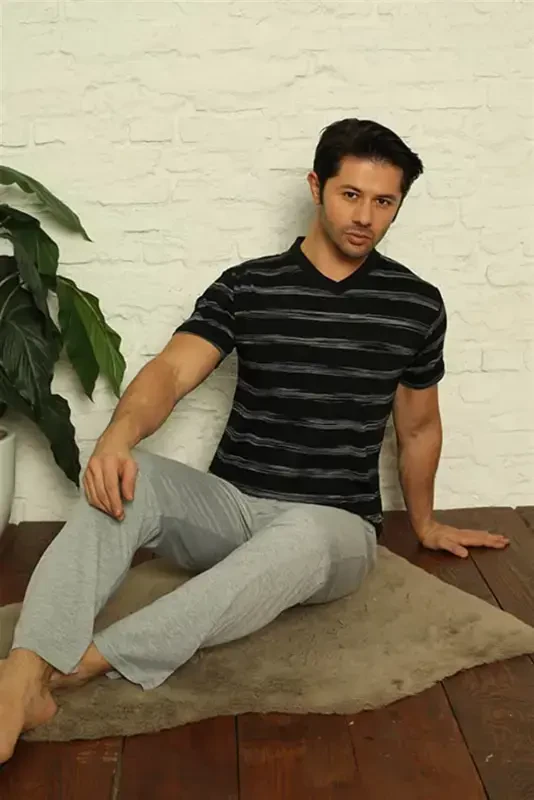 Akbeniz Men's Black V-Neck 3-Piece Pajama Set 6822 - 2