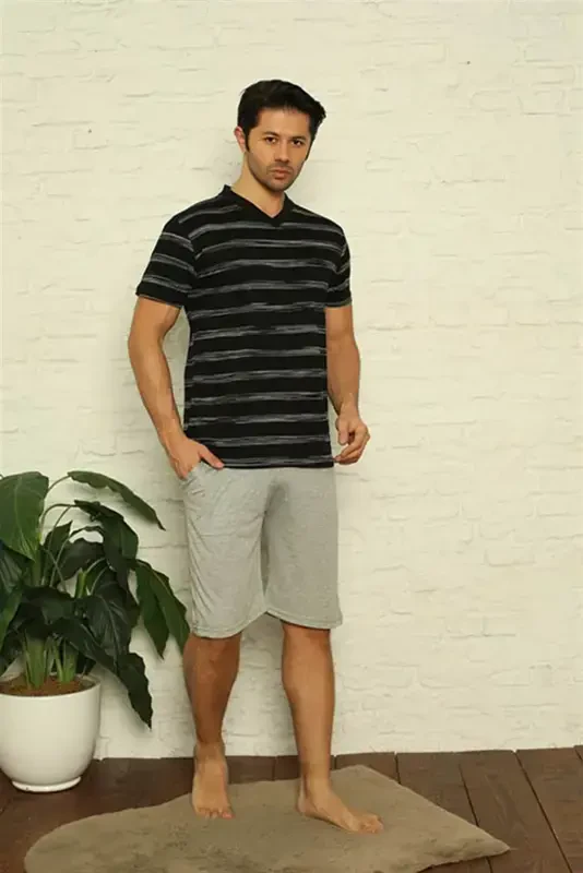 Akbeniz Men's Black V-Neck 3-Piece Pajama Set 6822 - 3