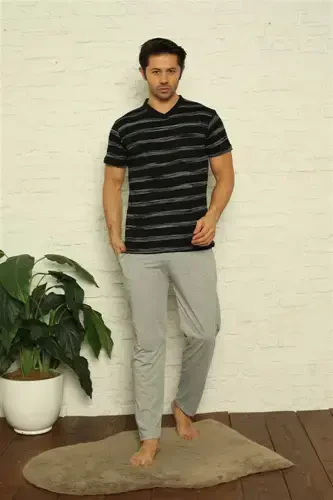 Akbeniz Men's Black V-Neck 3-Piece Pajama Set 6822 - 4