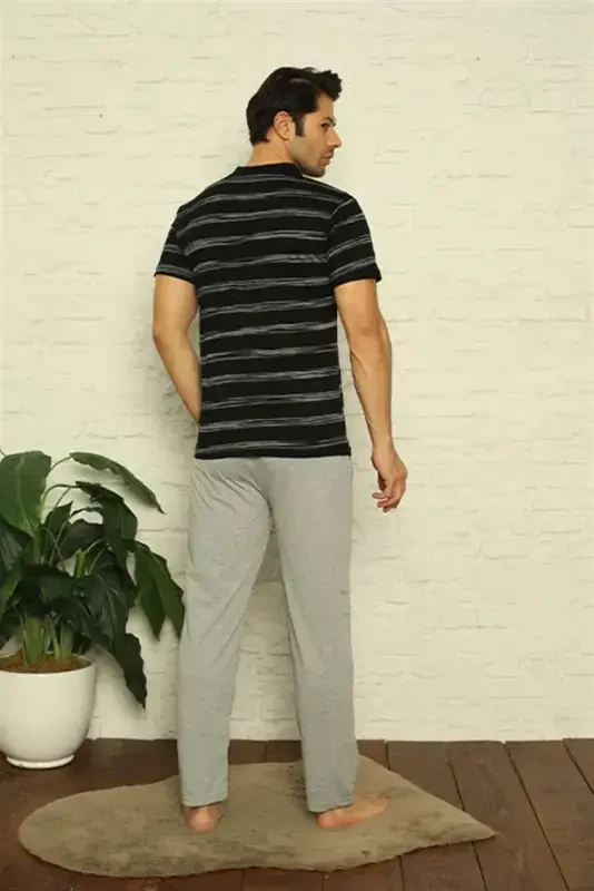 Akbeniz Men's Black V-Neck 3-Piece Pajama Set 6822 - 5