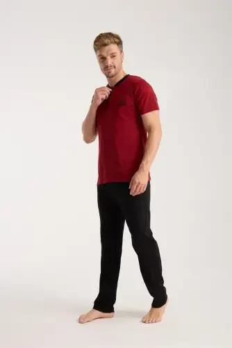 Akbeniz Men's Burgundy Button-Down Collar Short Sleeve Pajama Set 