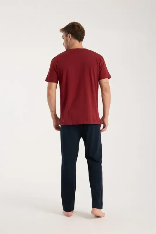 Akbeniz Men's Burgundy Button-Down Collar Short Sleeve Pajama Set - 5