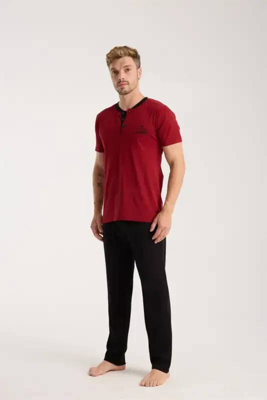 Akbeniz Men's Burgundy Button-Down Collar Short Sleeve Pajama Set - 6