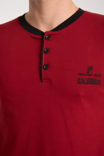 Akbeniz Men's Burgundy Button-Down Collar Short Sleeve Pajama Set - 10