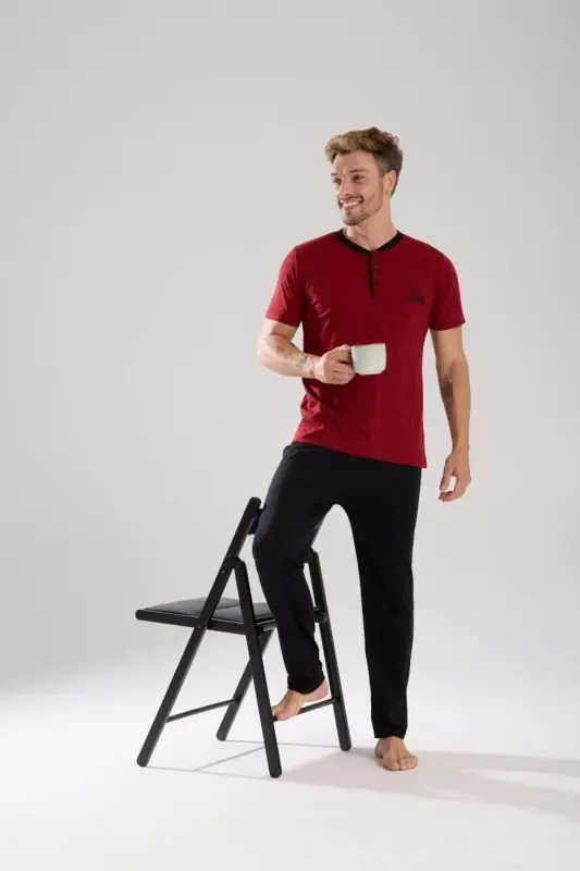 Akbeniz Men's Burgundy Button-Down Collar Short Sleeve Pajama Set - 2