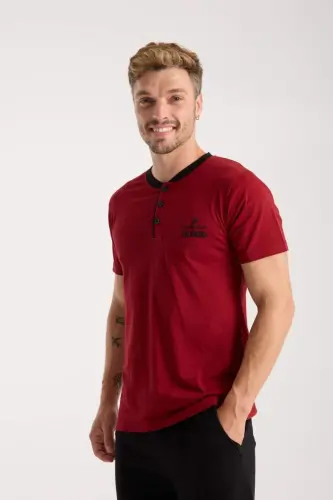 Akbeniz Men's Burgundy Button-Down Collar Short Sleeve Pajama Set - 3
