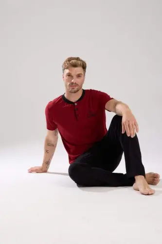 Akbeniz Men's Burgundy Button-Down Collar Short Sleeve Pajama Set - 4