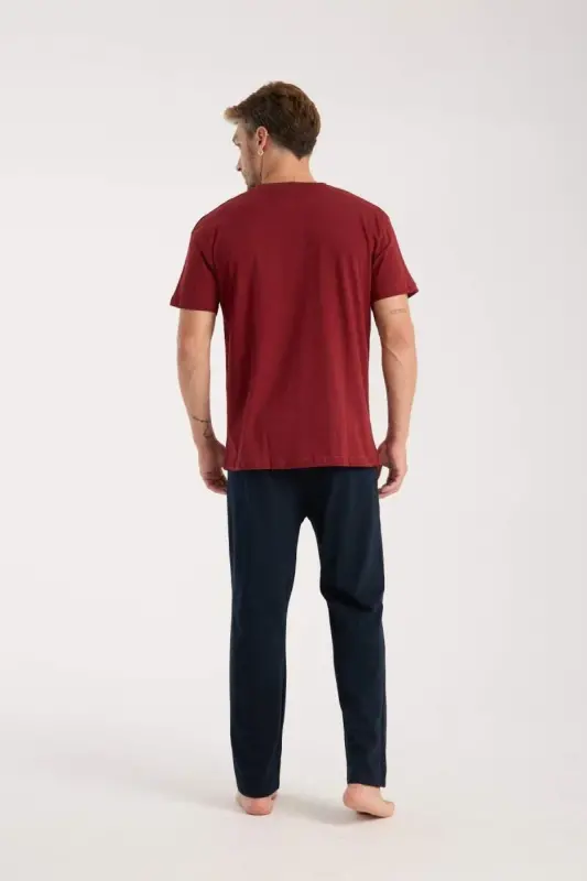 Akbeniz Men's Burgundy Button-Down Collar Short Sleeve Pajama Set - 5