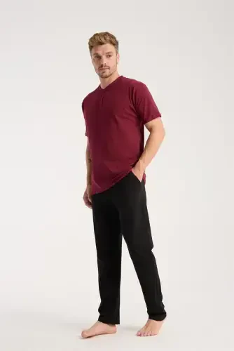 Akbeniz Men's Burgundy Buttoned Collar Short Sleeve Pajama Set - 1