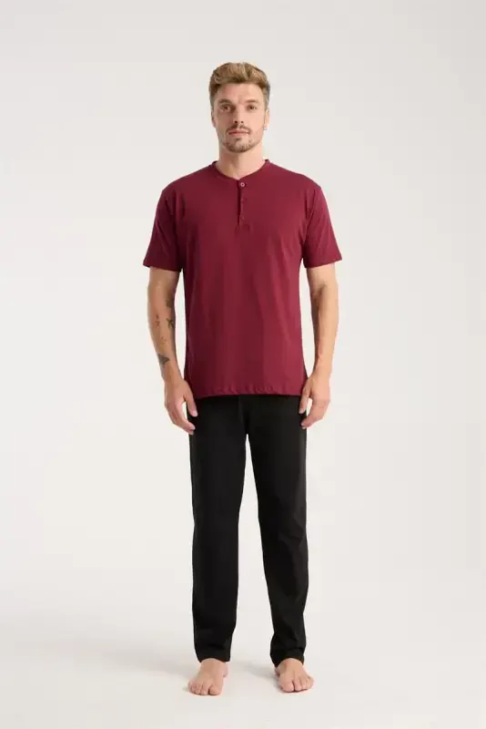 Akbeniz Men's Burgundy Buttoned Collar Short Sleeve Pajama Set - 2