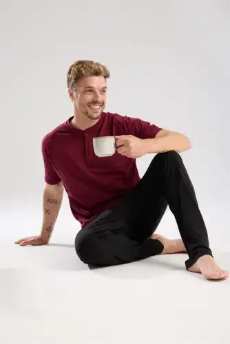 Akbeniz Men's Burgundy Buttoned Collar Short Sleeve Pajama Set - 5