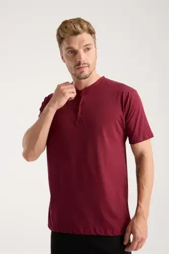 Akbeniz Men's Burgundy Buttoned Collar Short Sleeve Pajama Set - 8