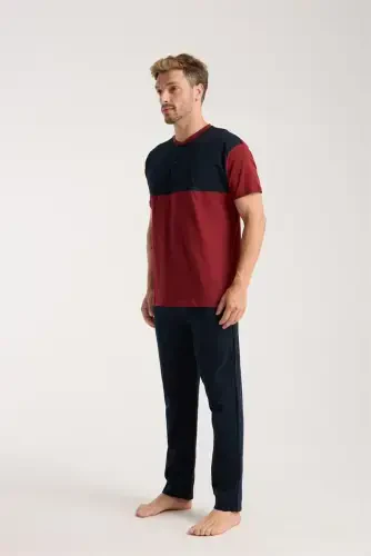 Akbeniz Men's Burgundy Buttoned Collar Short Sleeve Pajama Set - AKBENIZ (1)
