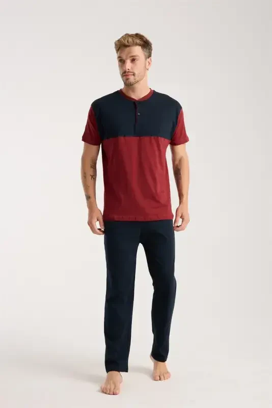 Akbeniz Men's Burgundy Buttoned Collar Short Sleeve Pajama Set - 3