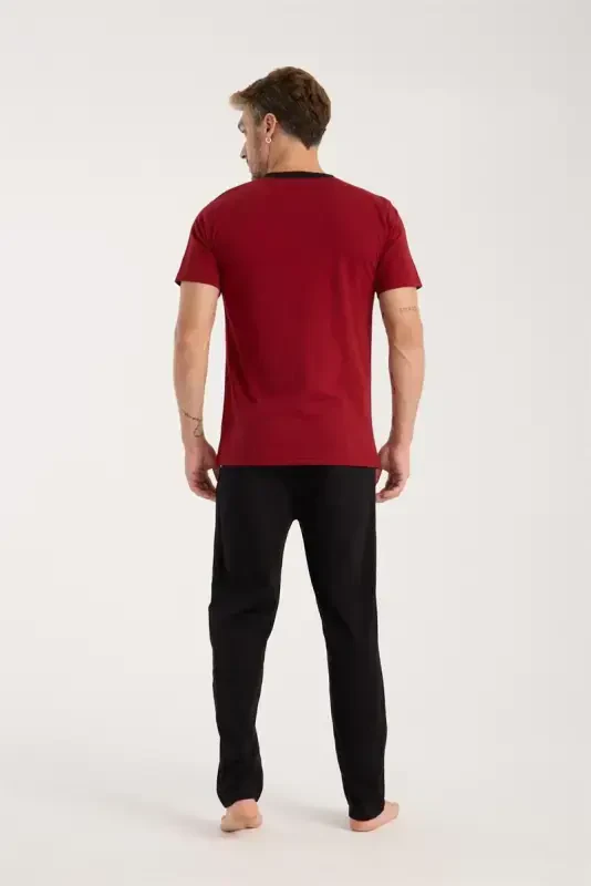 Akbeniz Men's Burgundy Buttoned Collar Short Sleeve Pajama Set - 5