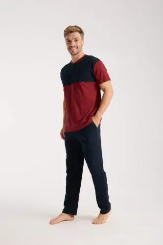 Akbeniz Men's Burgundy Buttoned Collar Short Sleeve Pajama Set - 1