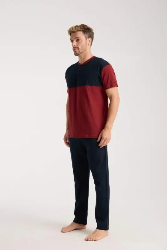 Akbeniz Men's Burgundy Buttoned Collar Short Sleeve Pajama Set - 2