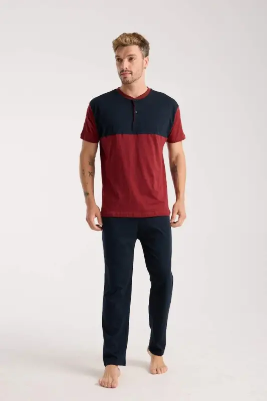 Akbeniz Men's Burgundy Buttoned Collar Short Sleeve Pajama Set - 3