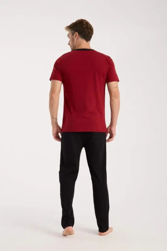 Akbeniz Men's Burgundy Buttoned Collar Short Sleeve Pajama Set - 5