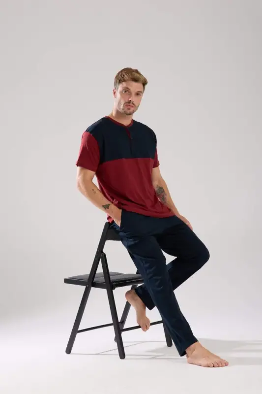 Akbeniz Men's Burgundy Buttoned Collar Short Sleeve Pajama Set - 6