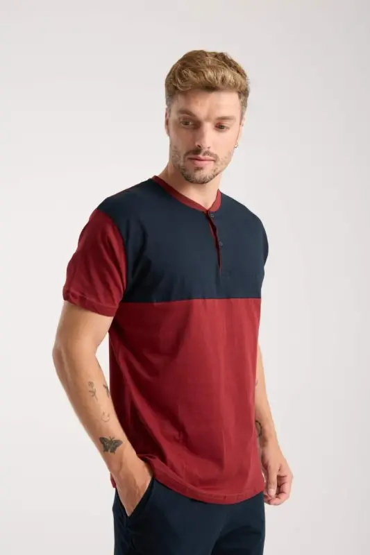 Akbeniz Men's Burgundy Buttoned Collar Short Sleeve Pajama Set - 7