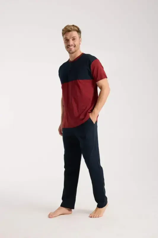 Akbeniz Men's Burgundy Buttoned Collar Short Sleeve Pajama Set - BÜYÜKBEDENIZ