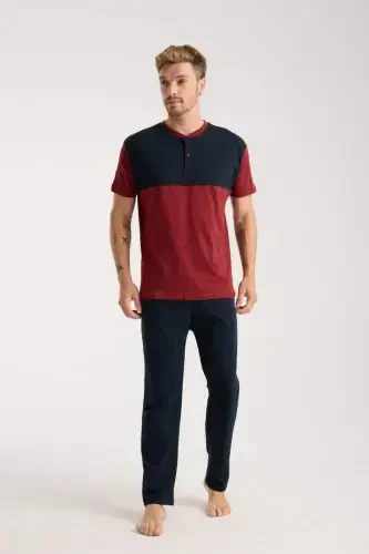 Akbeniz Men's Burgundy Buttoned Collar Short Sleeve Pajama Set - 3