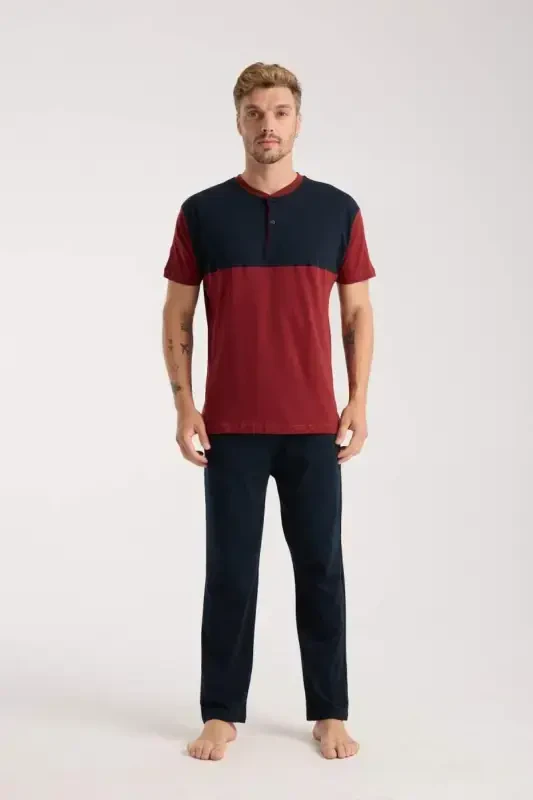 Akbeniz Men's Burgundy Buttoned Collar Short Sleeve Pajama Set - 4