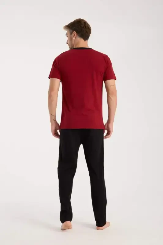 Akbeniz Men's Burgundy Buttoned Collar Short Sleeve Pajama Set - 5