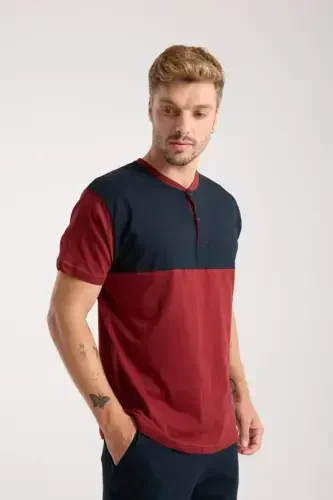 Akbeniz Men's Burgundy Buttoned Collar Short Sleeve Pajama Set - 7