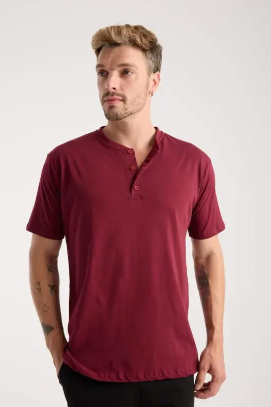 Akbeniz Men's Burgundy Buttoned Collar Short Sleeve Pajama Set - 3