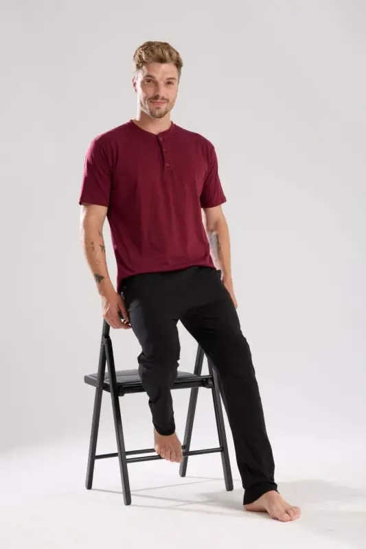 Akbeniz Men's Burgundy Buttoned Collar Short Sleeve Pajama Set - 4