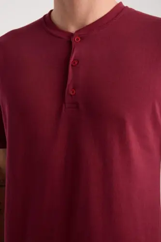 Akbeniz Men's Burgundy Buttoned Collar Short Sleeve Pajama Set - 7