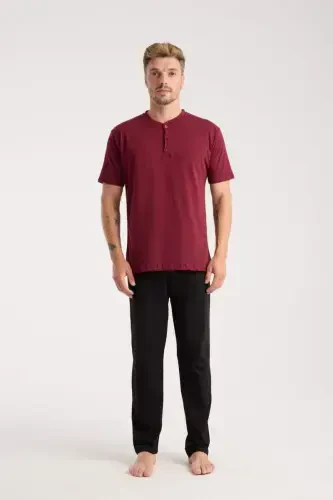 Akbeniz Men's Burgundy Buttoned Collar Short Sleeve Pajama Set - BÜYÜKBEDENIZ (1)