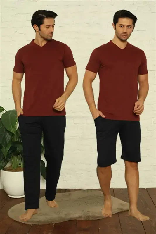 Akbeniz Men's Burgundy V-Neck 3-Piece Pajama Set 6822 - 1