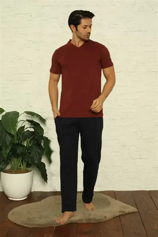 Akbeniz Men's Burgundy V-Neck 3-Piece Pajama Set 6822 - 2