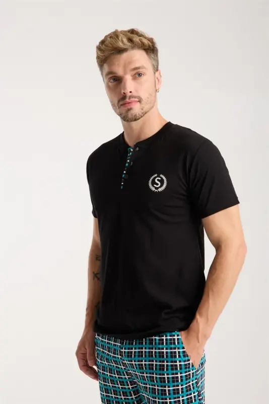 Akbeniz Men's Buttoned Collar Black Short Sleeve Pajama Set - 1