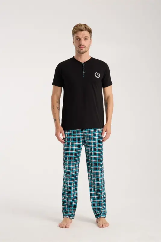 Akbeniz Men's Buttoned Collar Black Short Sleeve Pajama Set - 2