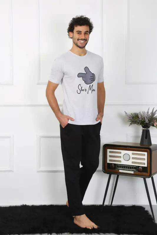 Akbeniz Men's Cotton Combed Couple Pajamas Set Gray 50126 Single Set Price - 4