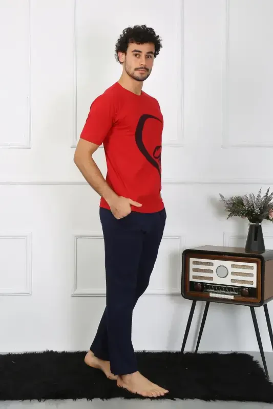 Akbeniz Men's Cotton Jersey Lovers Combination Pajamas Set Red 50128 Single Set Price - 6