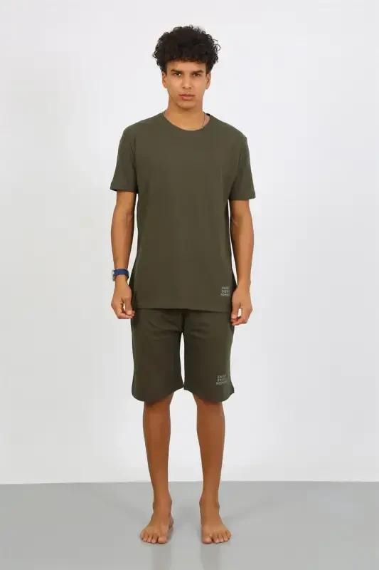 Akbeniz Men's Cotton Lacoste Capri Pajama Set Khaki 6872 - 3