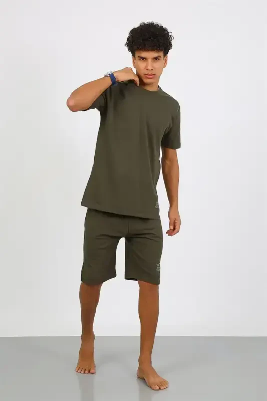 Akbeniz Men's Cotton Lacoste Capri Pajama Set Khaki 6872 - 5