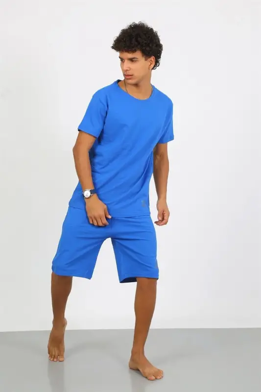 Akbeniz Men's Cotton Lacoste Capri Pajama Set Sax 6872 - 2