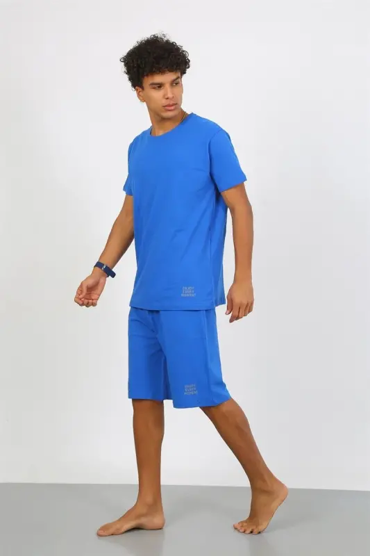 Akbeniz Men's Cotton Lacoste Capri Pajama Set Sax 6872 - 5