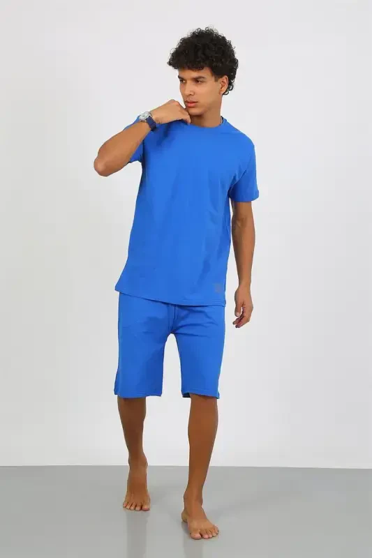 Akbeniz Men's Cotton Lacoste Capri Pajama Set Sax 6872 - 1