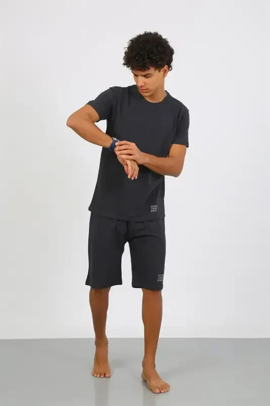 Akbeniz Men's Cotton Lacoste Capri Pajama Set Smoked 6872 - 3