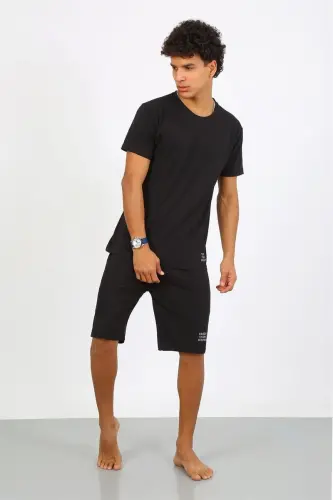 Akbeniz Men's Cotton Lacoste Top and Bottom Capri Pajama Set Black 6872 