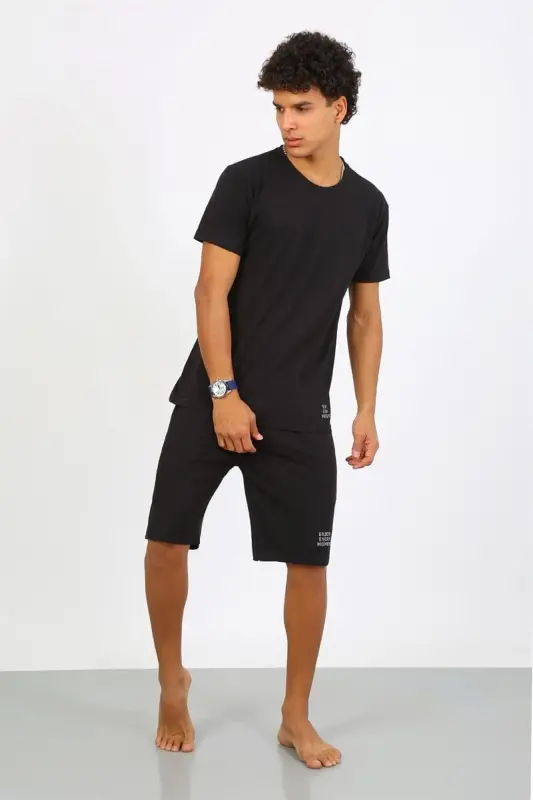 Akbeniz Men's Cotton Lacoste Top and Bottom Capri Pajama Set Black 6872 - 1